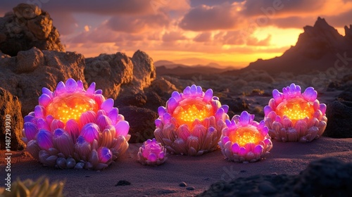 Glowing bioluminescent flora illuminate a rocky, desert landscape at sunset