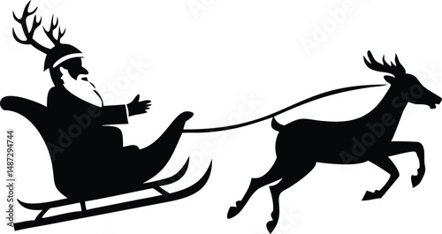 Santa with antler hat rides a sleigh pulled by a reindeer in silhouette