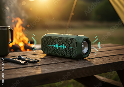 Portable bluetooth speaker on a wooden table with a campfire in the background