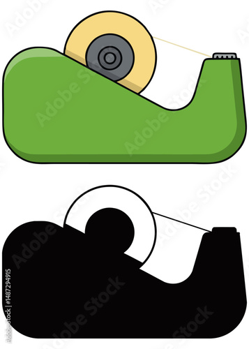 Vector illustration of a tape dispenser with a roll of tape, accompanied by a solid black silhouette version, ideal for office, school, or stationery-related designs.