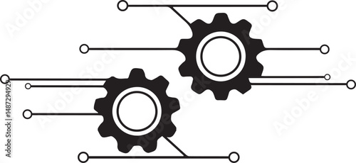 Black and White Gear Mechanism with Circuit Connections – Futuristic Technology Vector Illustration
