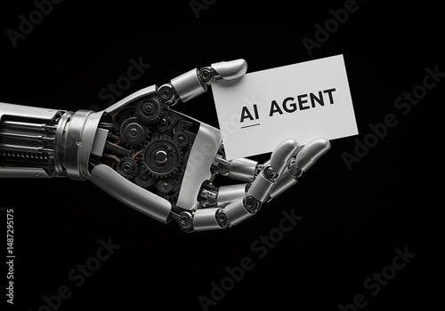 Robotic hand holding ai agent card on black background for artificial intelligence concepts