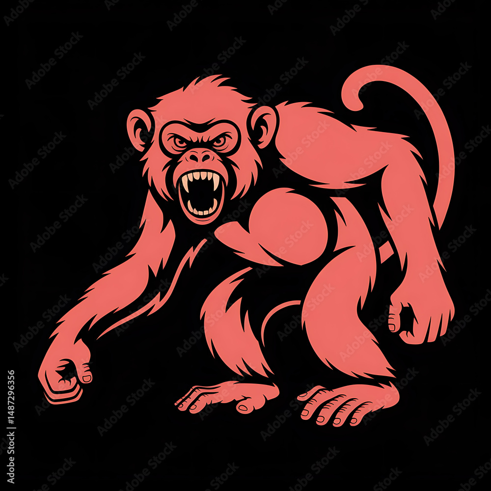 Fototapeta premium Aggressive Red Chimpanzee Illustration on Black Background