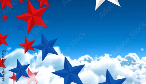 A digital illustration of a bright blue sky with white fluffy clouds, featuring scattered red and blue stars, fourth of july, usa 4 july independence day
