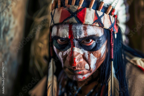 Close-up portrait of a Native American warrior wearing feathers headdress and face paint