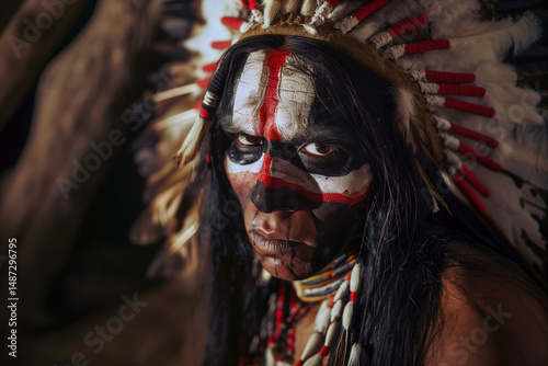 Close-up portrait of a Native American warrior wearing feathers headdress and face paint