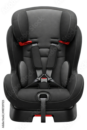 Black and gray child car seat with safety harness isolated on a transparent background