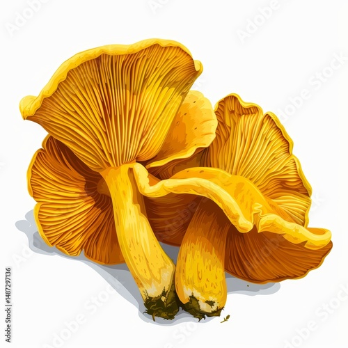 Vibrant Yellow Mushrooms with Gills Isolated on White