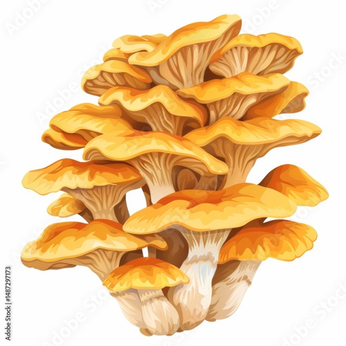 Vibrant yellow mushroom cluster on white background