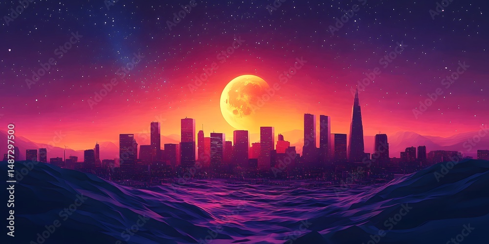 Fototapeta premium Vibrant cityscape silhouette under a crimson moon.