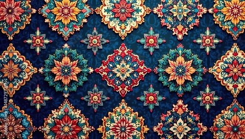 Intricate floral damask textile, repeating design, graphics, flower