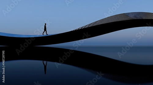 Silhouette of a person walking along a curved bridge structure