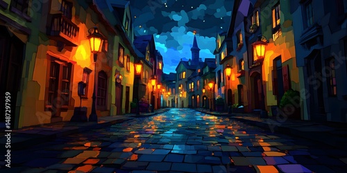 Charming, cobblestone street at night under starry sky