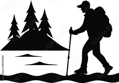 Silhouette of a hiker with a backpack trekking near lake and pine trees