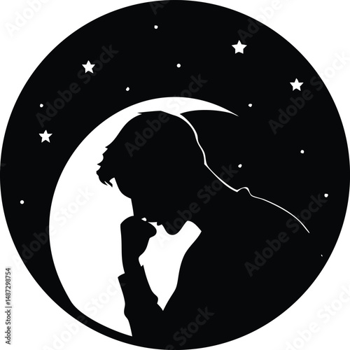 Silhouette of a thoughtful man rests his chin in a moonlit starry night