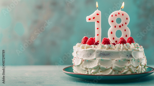 Coming of age party - 18th birthday. Delicious cake with number shaped candles on light blue background, Birthday Cake With Candle Number 