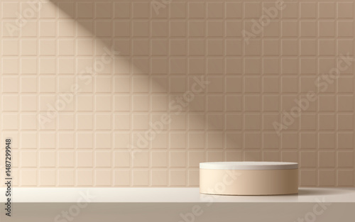 3D beige podium background on table with square tile wall. Abstract composition in minimalist design. Studio room display showroom cosmetic stand product pedestal, Fashion stage showcase mockup scene.