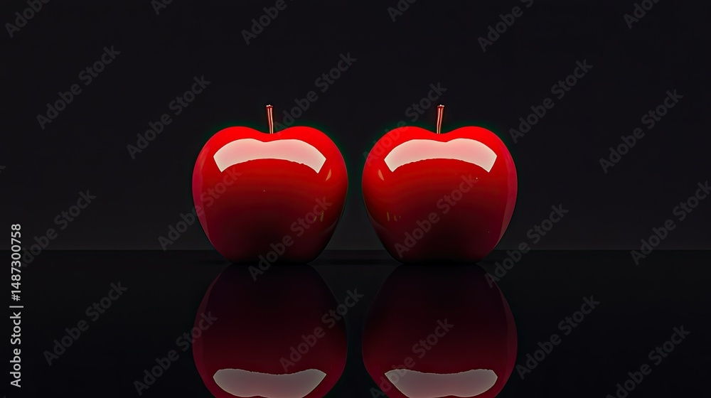 Obraz premium Two shiny red apples sit against a dark reflective backdrop