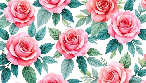 Delicate watercolor roses & leaves, repeating pattern, texture, watercolor