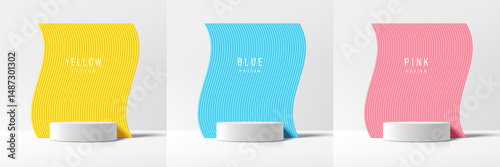 Set of 3D white podium with blue, pink, yellow in curve wave shape background. Abstract geometric composition minimal design. Studio room showroom product pedestal, Fashion stage showcase mockup scene