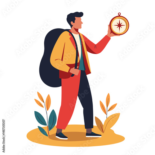 Determined traveler holding compass in vibrant landscape, direction