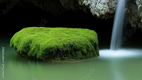 A green moss covered rock sits in a tranquil body of water