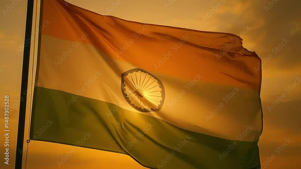 Indian national flag with Ashoka Chakra waving at sunset against golden sky