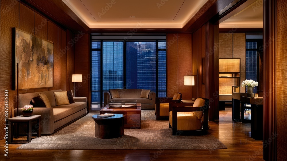 Fototapeta premium A Luxurious Living Room Furnished with Stylish Seating and Lighting