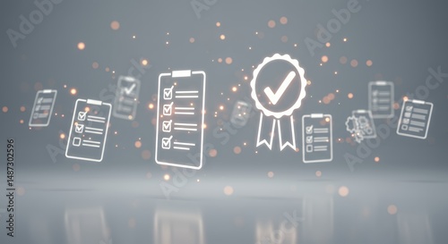 Checklist icons with checkmarks and quality approval symbol floating in abstract space