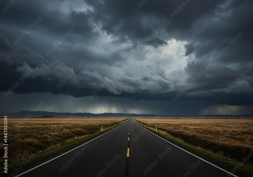 Fototapeta premium A dramatic road leading into a dark stormy sky over a grassy field landscape