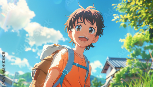 anime boy coming home from school, anime boy going to school, boy carrying backpack, anime boy playing