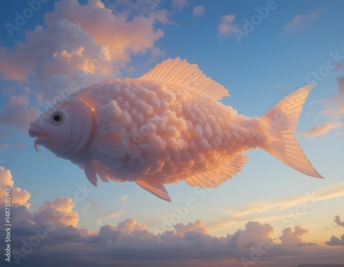 Surreal Cloud Fish Floating in Dreamy Sky at Sunset