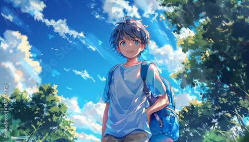 anime boy coming home from school, anime boy going to school, boy carrying backpack, anime boy playing