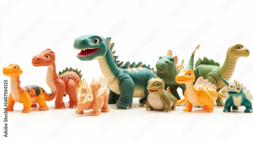 Fototapeta premium Group of cute cartoon dinosaur figurines arranged on a clean, white surface backdrop