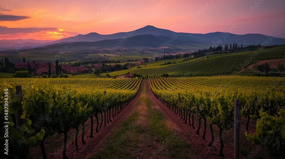 Fototapeta premium Beautiful Vineyards and Rolling Hills Bathed in the Evening Sunlight