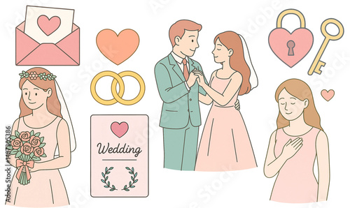 Romantic Wedding Elements – Flat Pastel Illustration Set