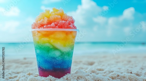 Wallpaper Mural Rainbow Colored Frozen Summer Beach Drink in Cup Tropical Vacation Refreshing Ice Shaved Ice Dessert Sweet Tasty Summertime Fun Colorful Treat Sky Sun Torontodigital.ca