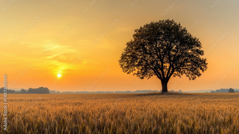 A solitary tree stands prominently against the golden evening sunset A solitary tree stands prominently against the golden evening sunset