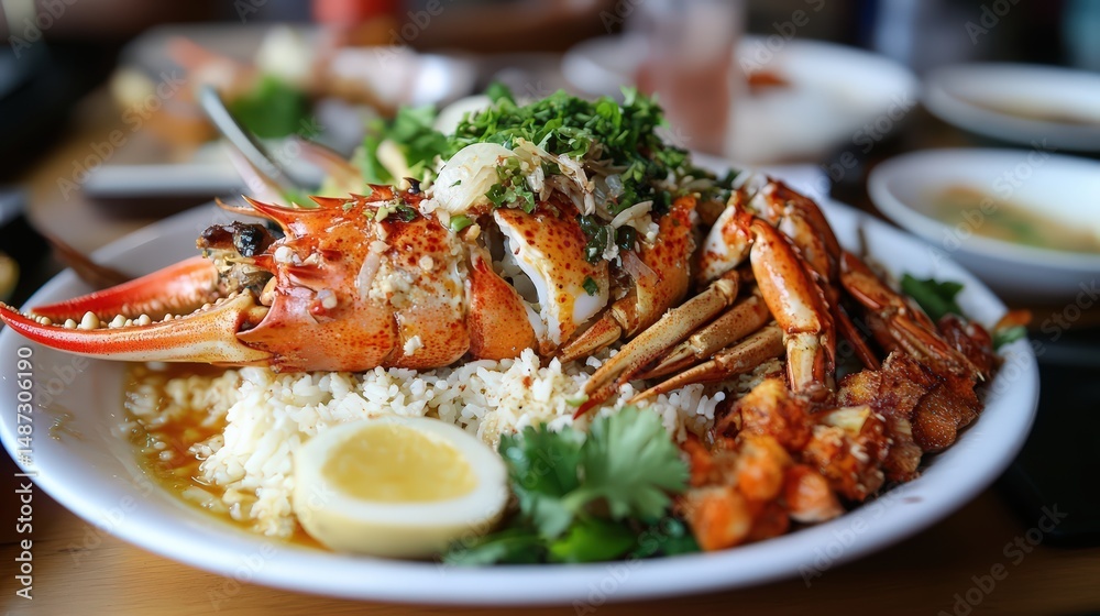 Luxurious lobster dish with rice and vibrant herbs presented on a white plate Luxurious lobster dish with rice and vibrant herbs presented on a white plate