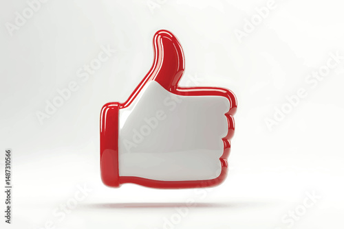 "3D thumbs up icon with red outline and white fill, glossy positive feedback symbol, modern social media like button, minimalistic design"

