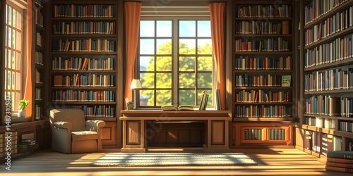 A sunlit, spacious library interior, filled with books.