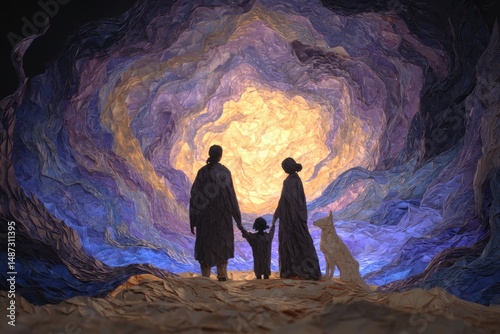 Family standing on a path through a surreal landscape.