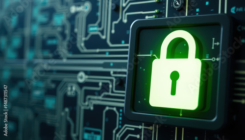 Wallpaper Mural Digital security concept with glowing green lock icon on high tech circuit board background, symbolizing cybersecurity and data protection Torontodigital.ca