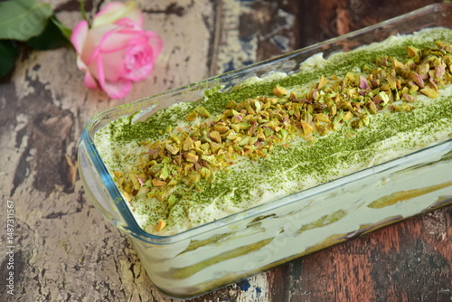 Homemade matcha pistachio tiramisu