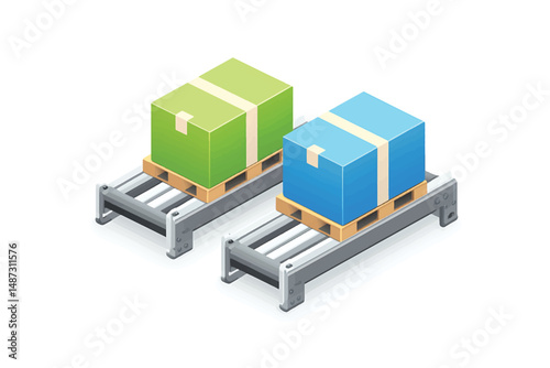 "Isometric warehouse conveyor belts with green and blue boxes on wooden pallets, modern logistics and packaging system, 3D vector illustration"

