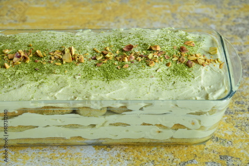 Homemade matcha pistachio tiramisu