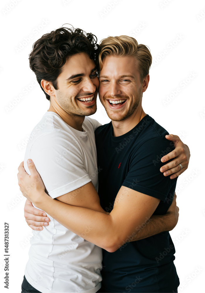 Obraz premium Two young adult Caucasian men, a gay couple, share a joyful and affectionate hug while laughing, isolated on a transparent background in a studio portrait.