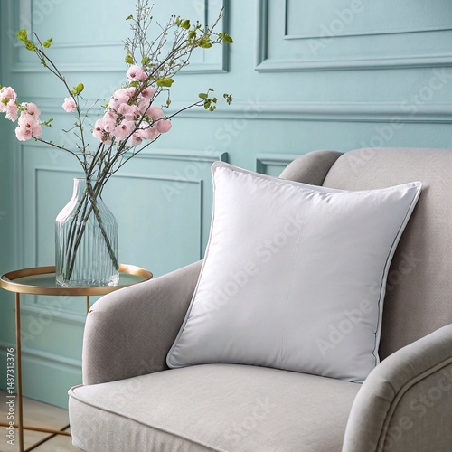 Mockup of a decorative pillow resting on an armchair in a pastel-colored room with soft lighting and a calm atmosphere