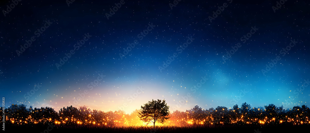 Fototapeta premium Majestic Nighttime Landscape With Glowing City Lights And Trees