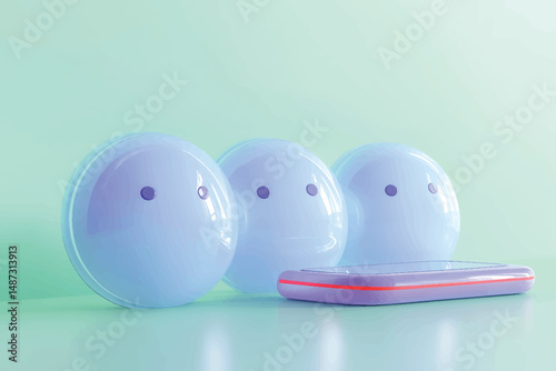 "Three glossy blue spherical characters with eyes next to a modern smartphone on a soft pastel background, symbolizing technology and digital communication"

